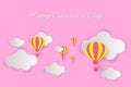 Happy Valentine`s Day! Beautiful clouds and air balloons! Abstract paper art 3D vector illustration on pink background. Royalty Free Stock Photo